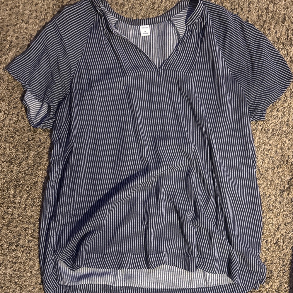 Old Navy Navy and White Striped V-Neck Tee
